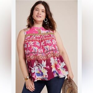 Anthropologie Vineet Bahl Pink Floral Embroidered Sleeveless Blouse XL